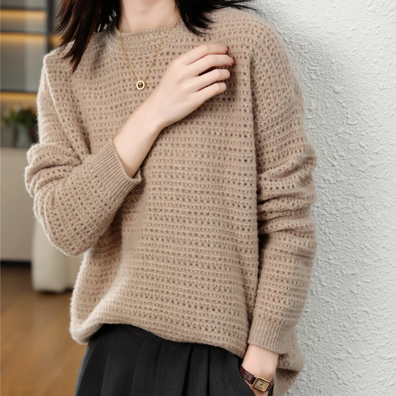 Spring New Pure Wool Sweater Hollow-Out Design Fashion Explosion Pullover Long-Sleeved Loose Fashion Sweater Blouse-WRM079