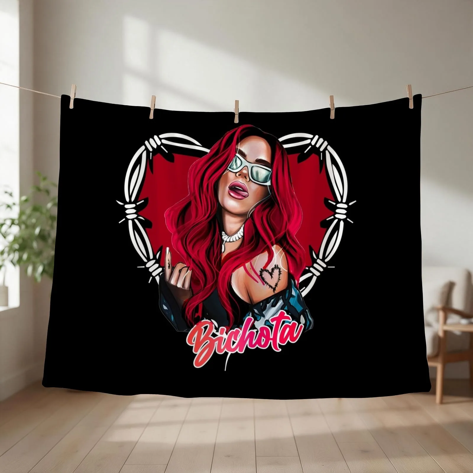 Karol G with red Hair Illustration with Bichota Throw Blanket