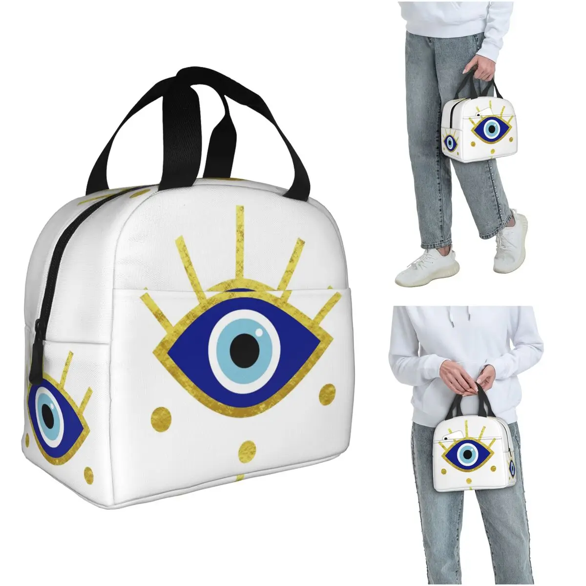 Mediterranean Evil Eye Protection, Nazar Insulated Lunch Bag for Women Children Portable Food Boxes Thermal Lunch Box Tote