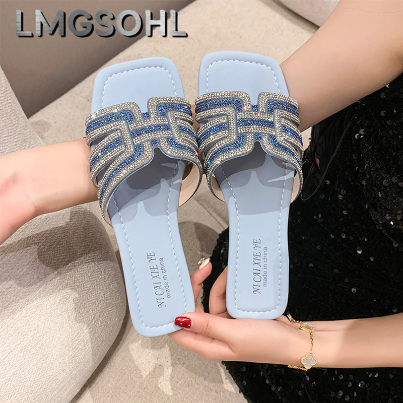 

Crystal Square Toe Flats Women Slippers Bohemian Beach Sandals 2025 Luxury Brand Woman's Slides Summer Casual Dress Flip Flops