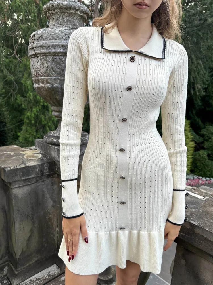 Articat Elegant Knitted Sweater Button Elastic Slim Women Dress Lotus Leaf Edge Bodycon Long Sleeve Fall New 2024 Female Vestido