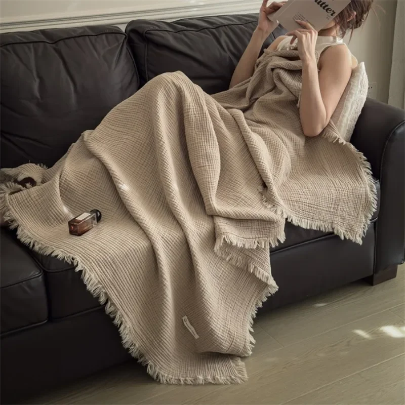 Class A knitted fringed blanket pure cotton six-layer gauze 100 cotton shawl blanket retro sofa nap blanket