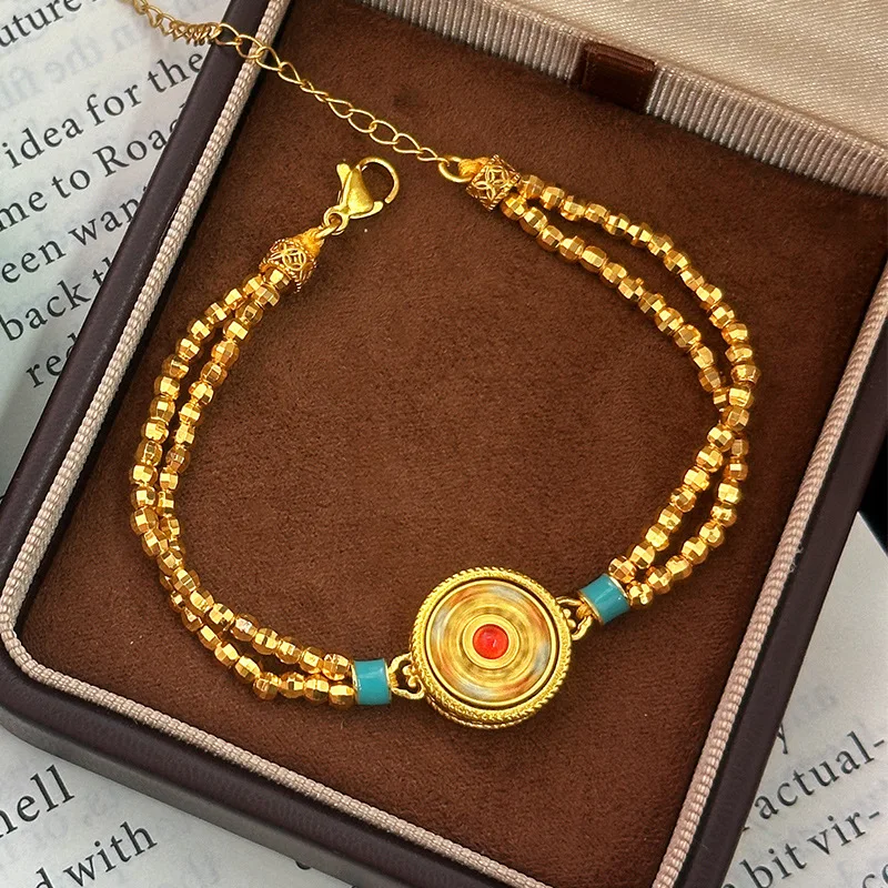 2026 New Gold Plated Enamel Rotatable Eight Treasures Compass Double Layer Disco Beads Handmade Bracelet Ring Set for Women Gift view 3