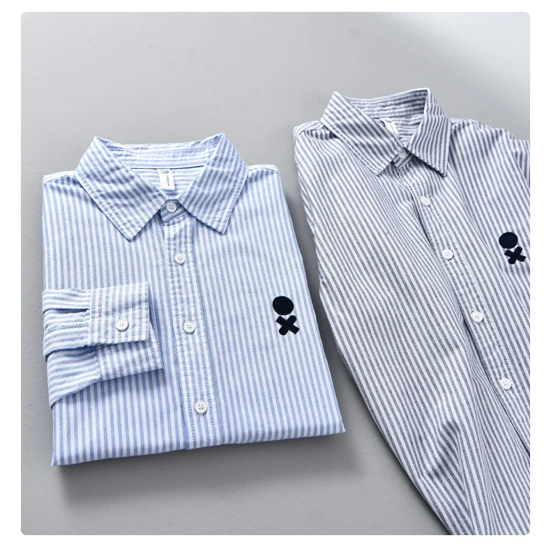 

Мужская рубашка в корейском стиле, новая, с длинным рукавом, в полоску, весенняя, повседневная, из чистого хлопка, с вышивкой, дизайнерская, для молодежи