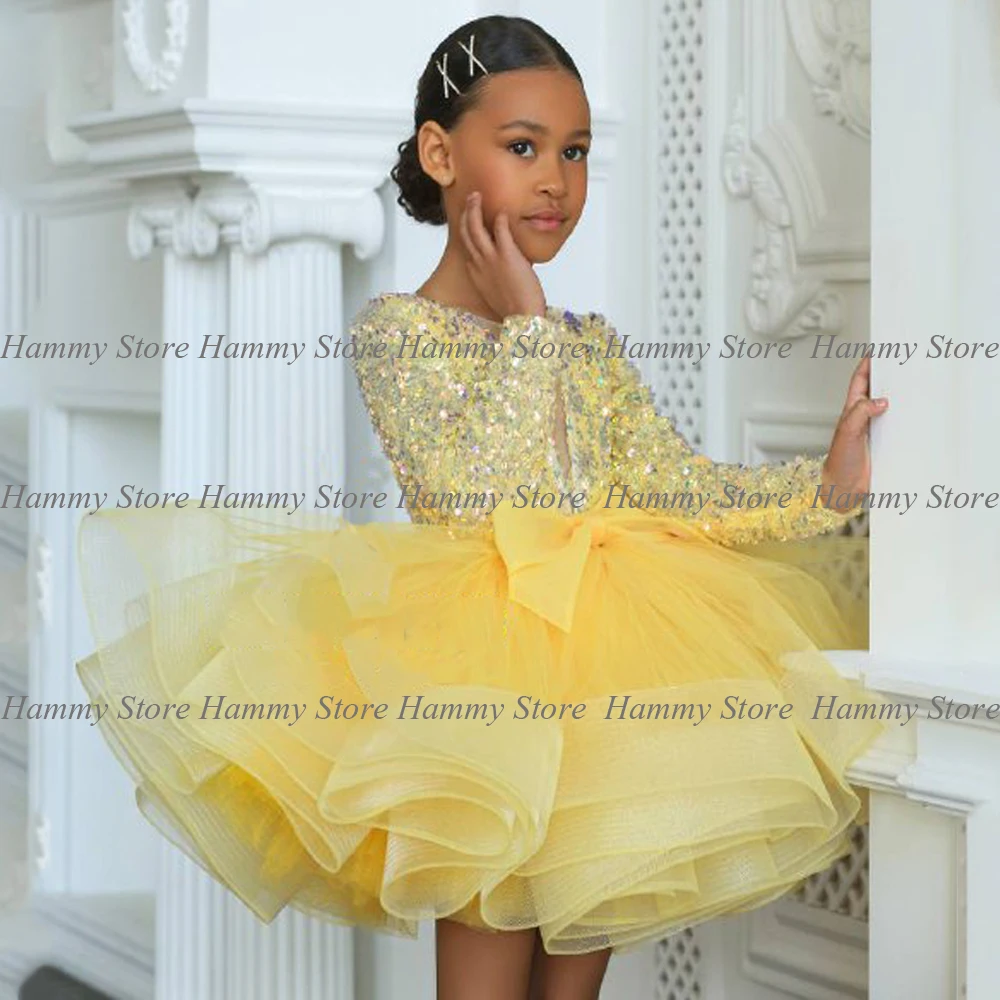 Robe de demoiselle d'honneur à paillettes jaunes pour enfants, manches longues, col rond, grand nœud, fête d'anniversaire, robe de reconstitution historique, Noël