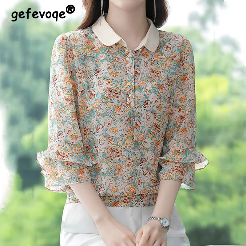 Elegant Fashion Floral Printed 3/4 Sleeve Chiffon Blouses Summer Women's Clothing Ruffles Korean Button Ladies Shirts Loose Tops