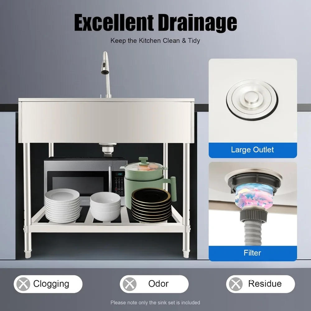 Commercial Stainless Steel Sink, Single Bowl Freestanding Kitchen Utility Sink Washing Hand Basin w/Faucet & Storage Rack