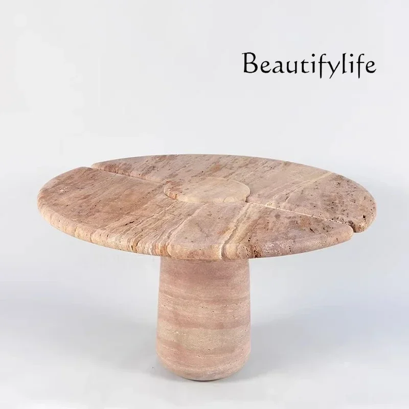 

VV SS Natural Red Travertine Round Table Designer Villa Living Room Home Light Luxury Marble Round Table Retro Style Dining Tabl