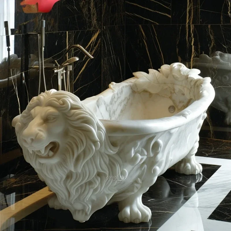 Classic Handmade Antique Style Marble Bathtub With Lion Statue