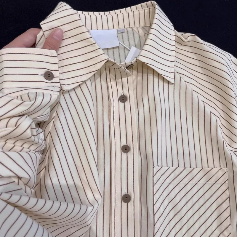 

Женская рубашка в вертикальную полоску больших размеров, новинка осени 2024, открытый кардиган, верхняя одежда, топ с защитой от солнца для женщин больших размеров