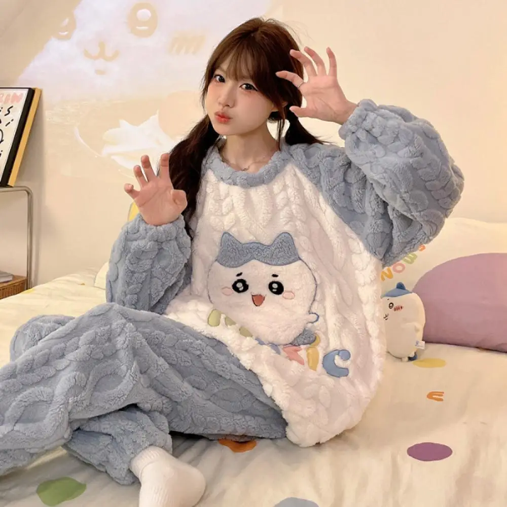 Cute Chiikawa Women Warm Coral Fleece Pajamas Set Kawaii Autumn Winter Thicken Home Clothes Girl Cartoon Thicken Cute Tops Pants