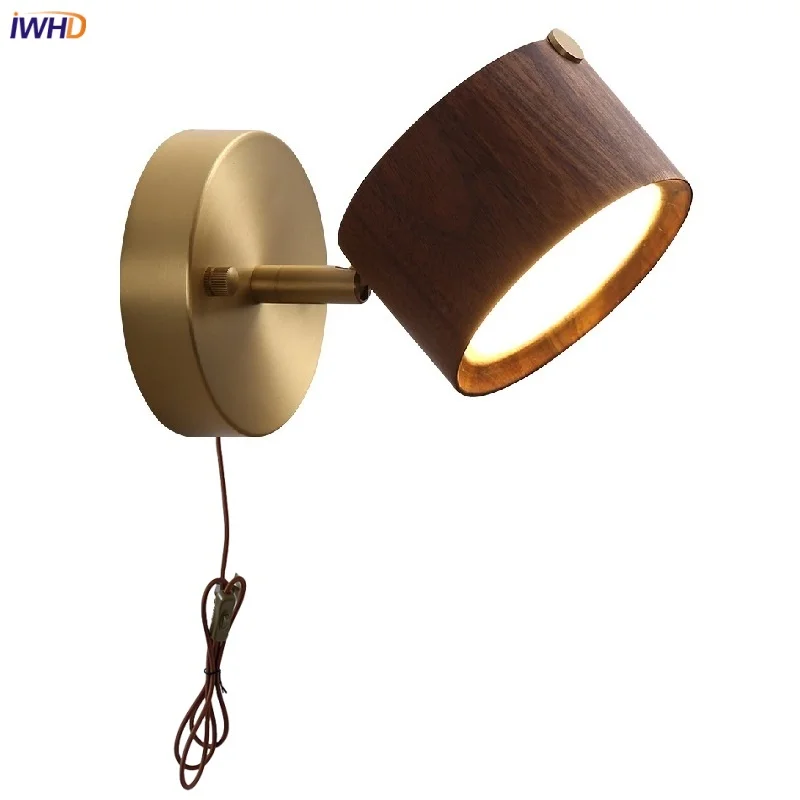 

IWHD Plug In LED Wall Lamps Sconce Hotel Living Room Bathroom Vanity Mirror Light Fixture Walnut Wood Base Art Modern Wandlamp