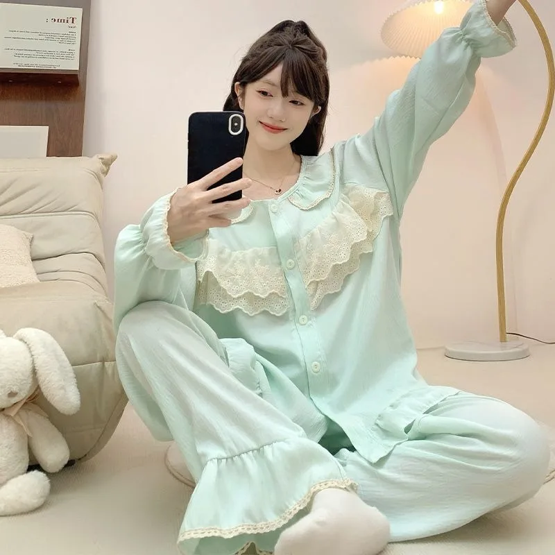 Loose 140kg Light Luxury Princess Similar To Embroidery Lace Solid Color Princess Long Sleeve Outer Wear Loungewear Set Spring