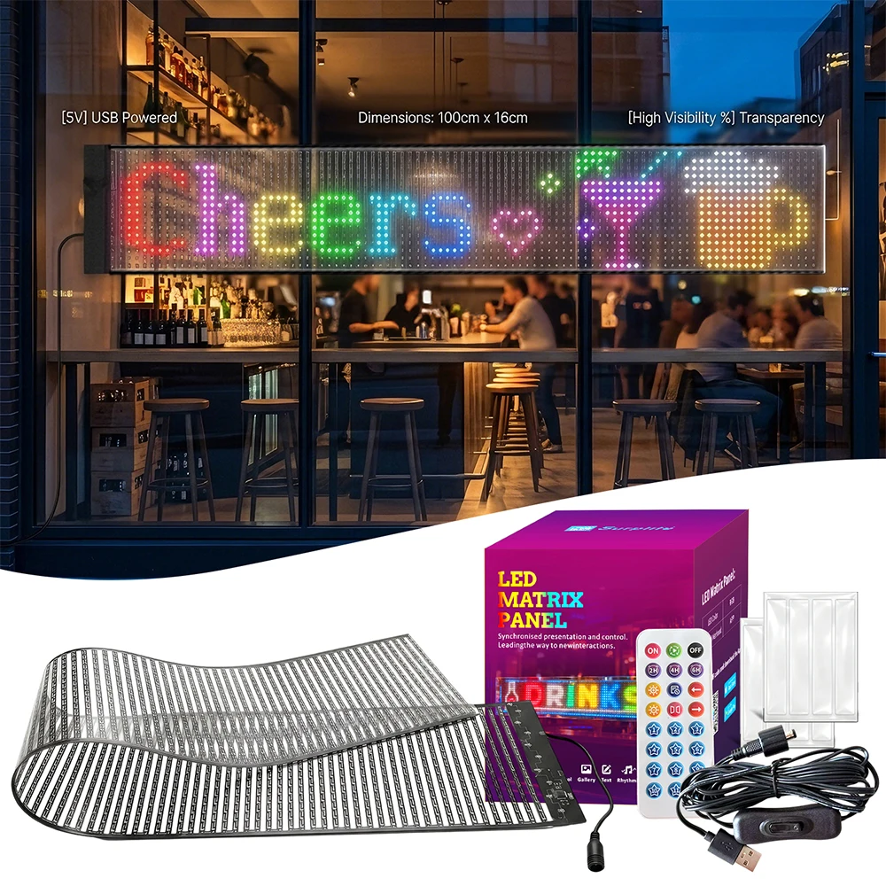 Programmable Car Mood Light Strip,USB Matrix Display with APP & Remote for Custom Text, Graphics, Animated Effects on Windshield