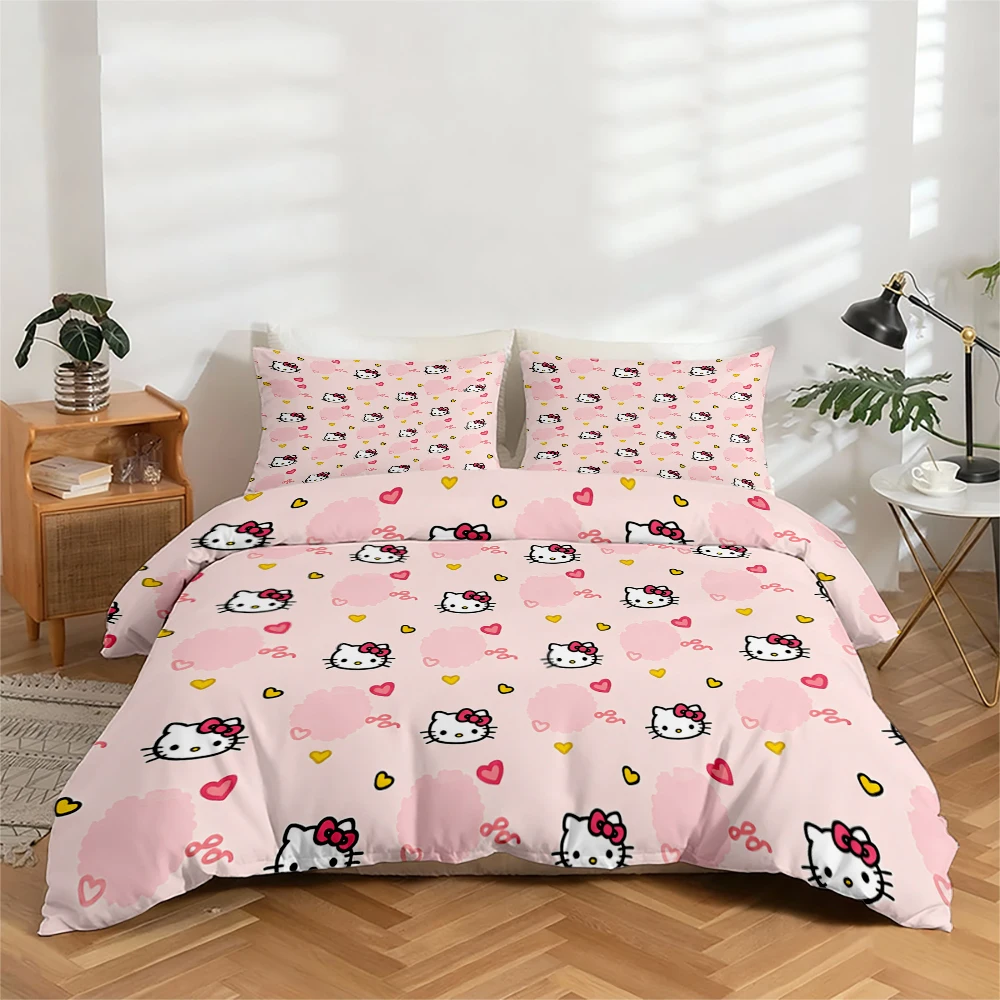 

3-Piece High-Definition Digital Printed Bedding Set, Large Floral Pattern Hello Kitty Duvet Cover Set, Includes 1 Duvet Cover + 2 Pillowcases, Suitable for Bedroom, Guest Room, Home Decoration, Polyester Fiber Duvet Cover + Pillowcases, Ultra-Soft Bedding