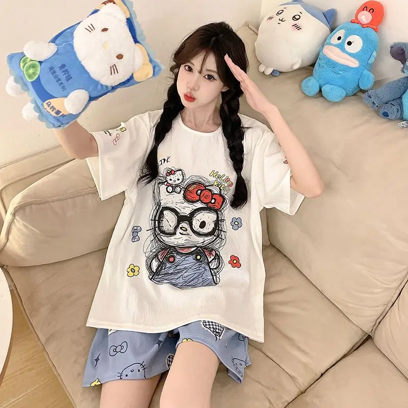 

Hello Kitty Women's Summer Cloud Cotton Pajama Set Short Sleeve Shorts Cute Front Back Cartoon Print Comfy Home Loungewear