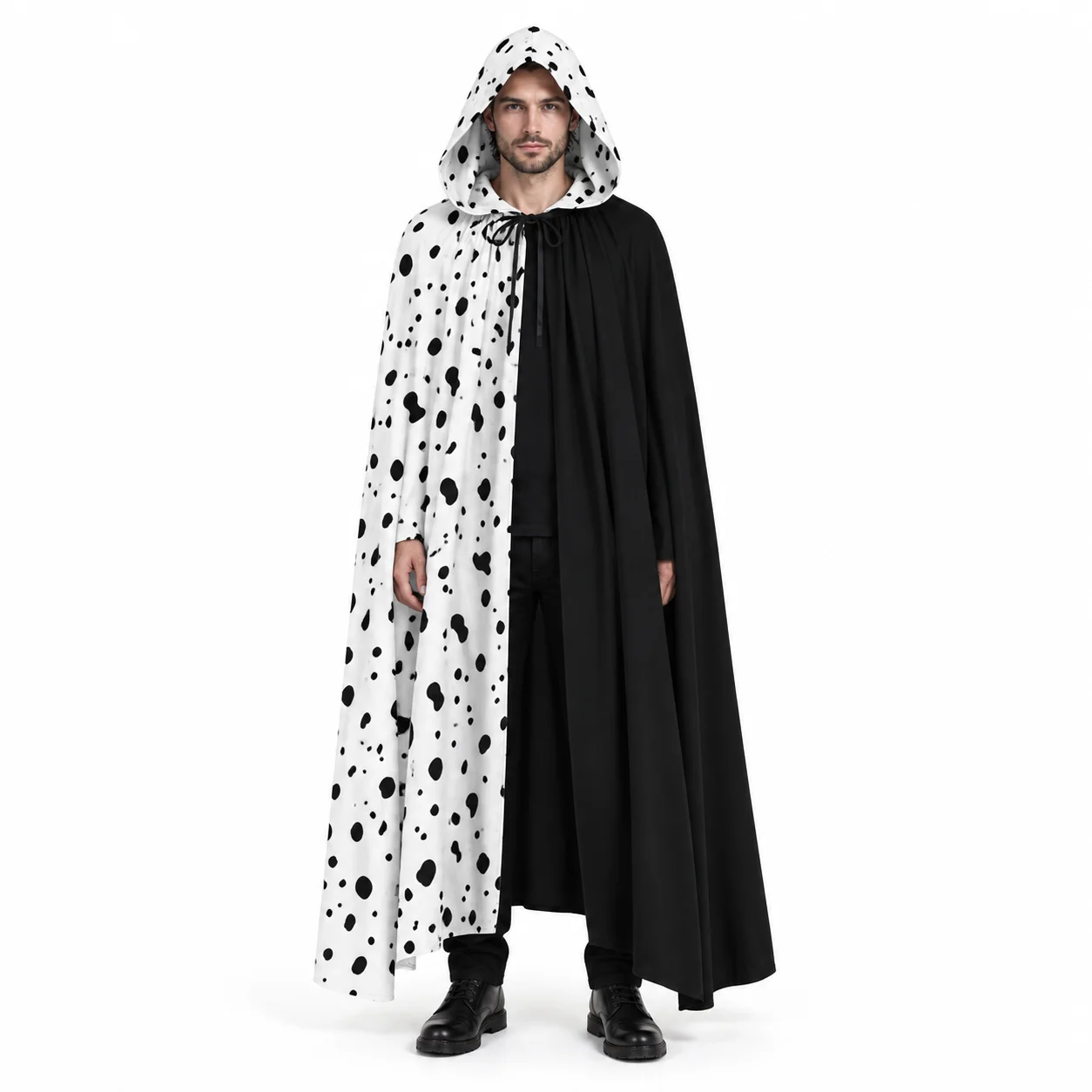 Unisex Halloween Hooded Cape with Cow-Print Color-Block Design – Tie-Closure Stage Performance Costume