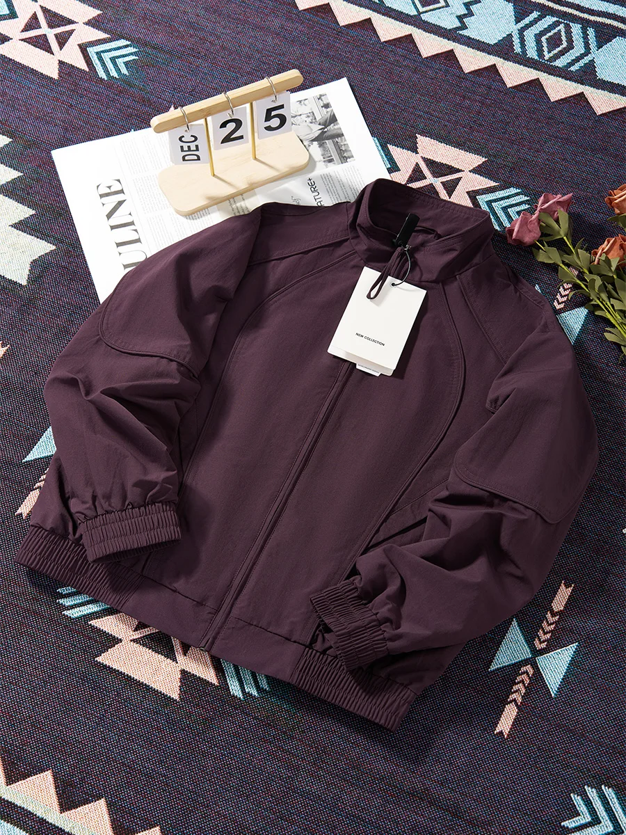 

2025 New American Retro Purple Jacket For Men, Urban Commuting, Spring And Autumn Trendy Stand Collar Loose Coach Jacket