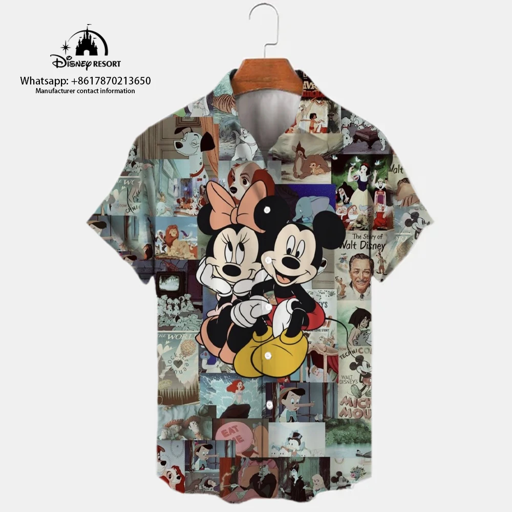 

2024 New 3D Fashion Harajuku Street Style Lapel Short Sleeve Single Breasted Shirt Mickey Pattern Print Casual Beach Shirt Y2K