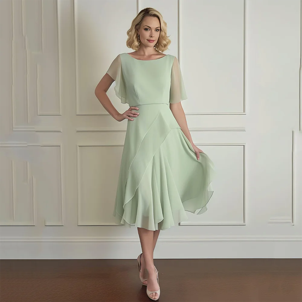 

Customized Scoop Neck Short Sleeves Chiffom A-line Hem Ruffle Mother of The Bride Dresses Back Zipper Minin Wedding Party Gowns