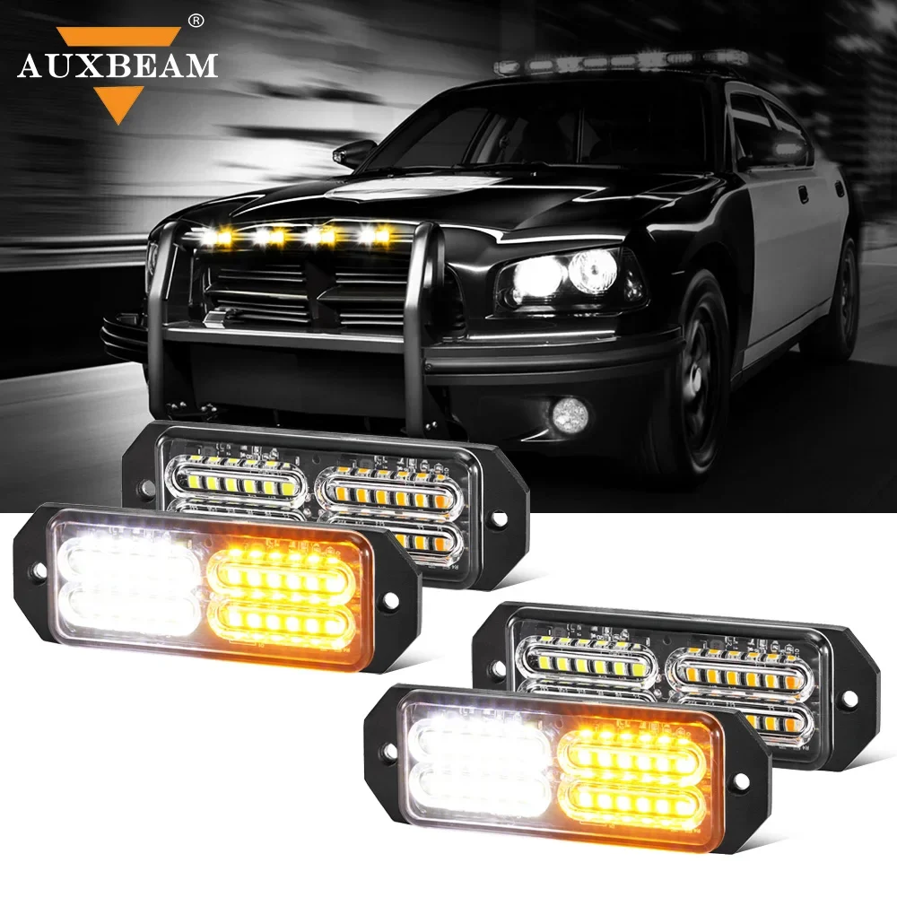 4Pcs Front Bumper Grille 24 LED Grille Strobe Lights 12-24V 17 Flashing Mode Emergency Warning Light Amber/White/Blue/Red Lights