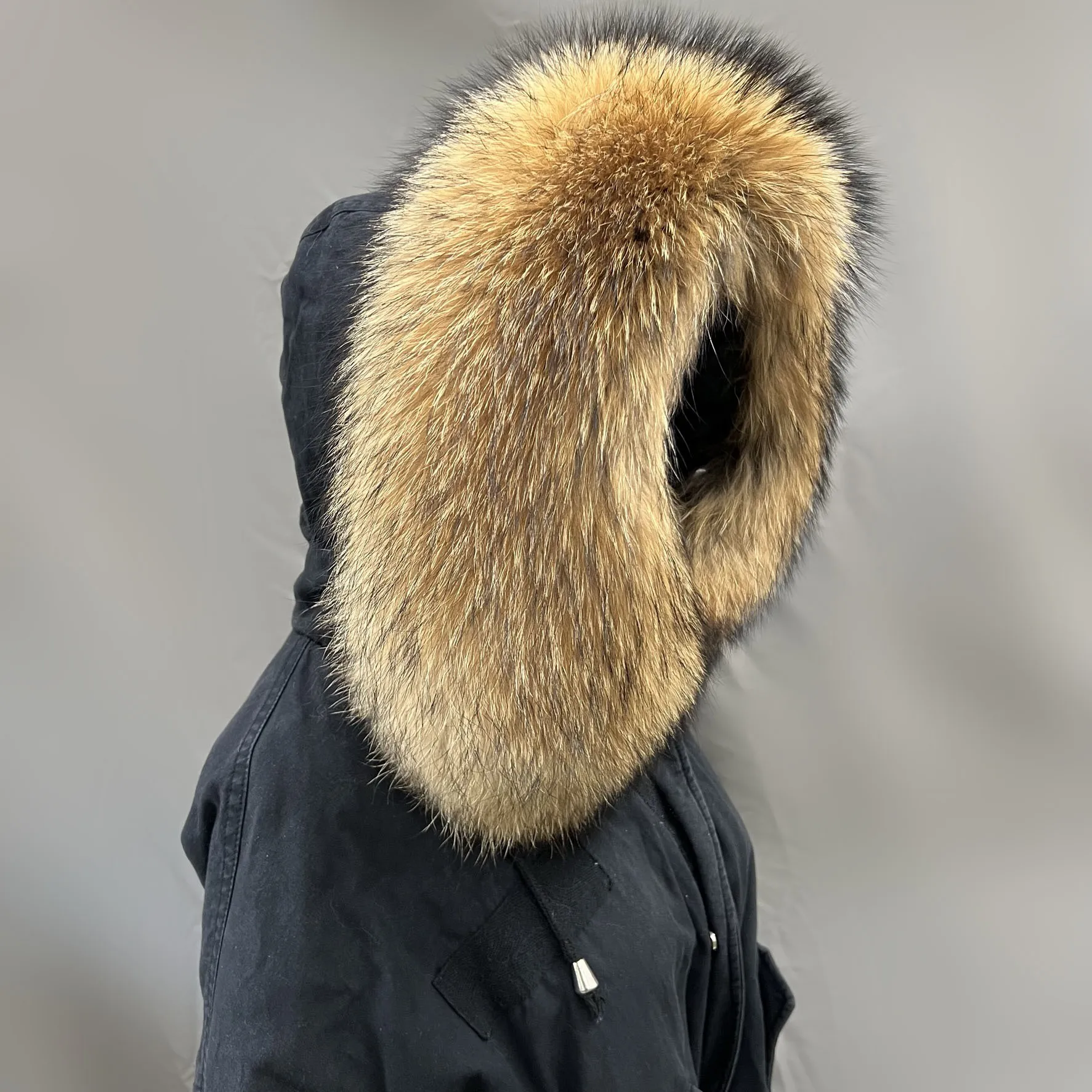 2023 REAL Raccoon Fur Collar Hats Stripe Down Jacket Cotton Coat Fur Accessories Poncho Feminino Inverno  Cachecol Luxury