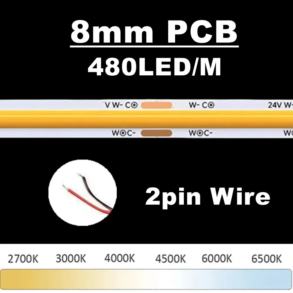 DC24V CCT Dimmable COB LED Strip 8mm/10mm RA98 2700K-6500K Tunable Double Color Linear Lighting High CRI Flexible Tape Light