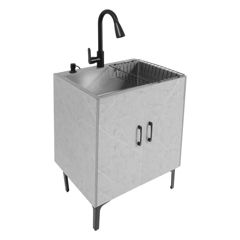 

【2026】Freestanding Kitchen Sink Cabinet with Pull Out Faucet, Grey Stainless Steel Laundry Utility Sink with Drain Board