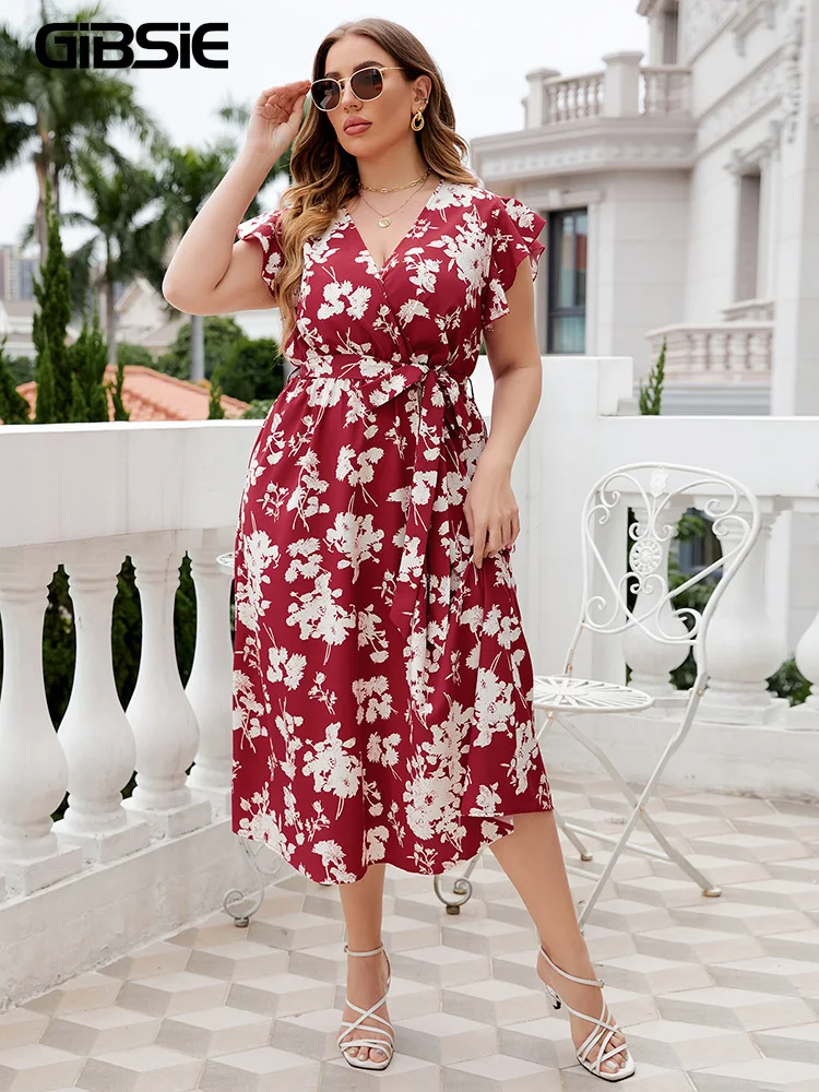 

GIBSIE Plus Size Floral Print Butterfly Sleeve Belted Dress Women Boho Summer V Neck High Waist A-line Vacation Long Dresses