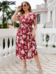 GIBSIE Plus Size Floral Print Butterfly Sleeve Belted Dress Women Boho Summer V Neck High Waist A-line Vacation Long Dresses