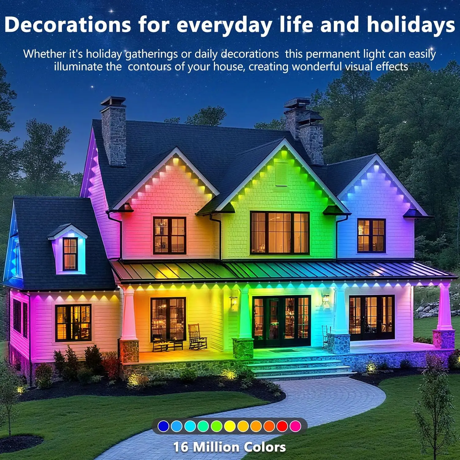 300FT RGB Outdoor Eaves Lights with App Control, IP67 Waterproof, DIY Scene Modes for Garden Decor and Parties