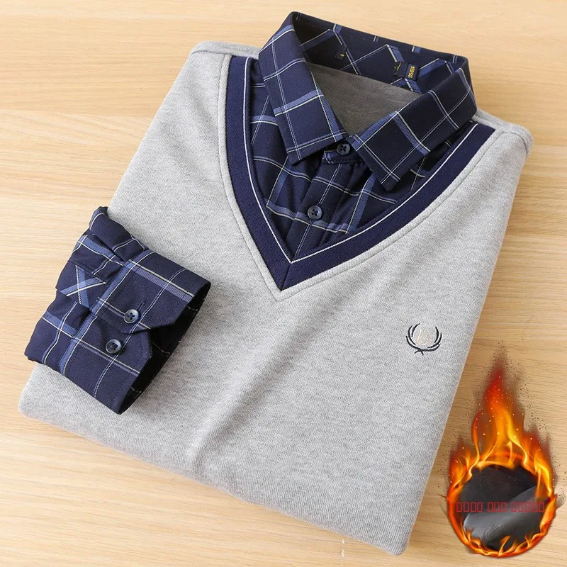 

Men's Winter Knitted irt Collar Sweater Faux Two-Piece Sea Series Mink Velvet Lined Casual Long Sve Button up Top