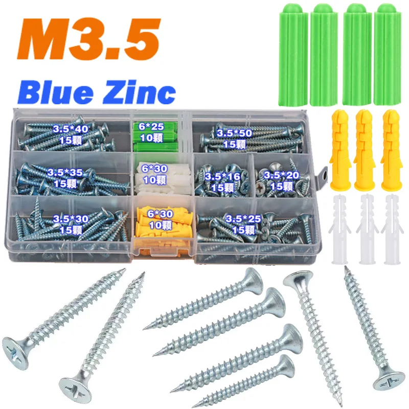 

1Box Drywall Screw Assortment Kit M3.5 Blue Zinc Phillips Flat Head Wood Screws Drywall Anchors for Home Repair and DIY