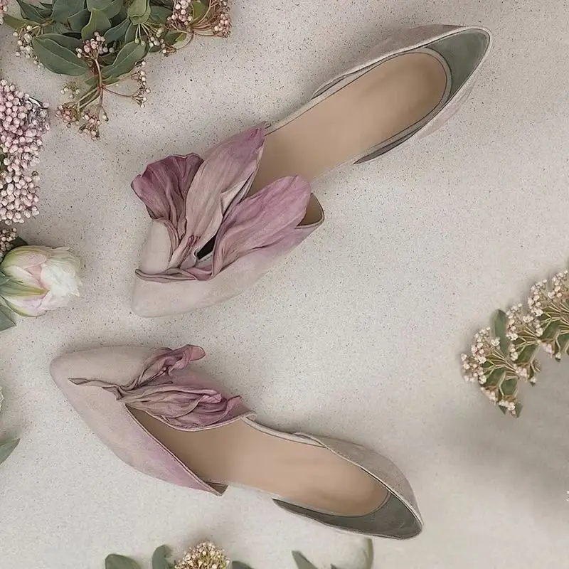 

2025 Summer Flower Edge Patchwork Women Sandals Pointed Toe Slip On Hollow Fashion Casual Flat Shoes New Spring Autumn Shoes