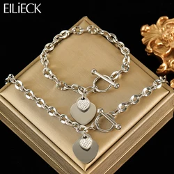 EILIECK New Fashion Stainless Steel Metal Double Heart Necklace Bracelet Set  For Women Waterproof Silver Color Jewelry Gift