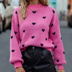 Ladies Comfortable Long Sleeve Pullover Sweet Pink Heart Pattern Knit Sweater Korean Fashion Everyday Versatile Tops For Womens