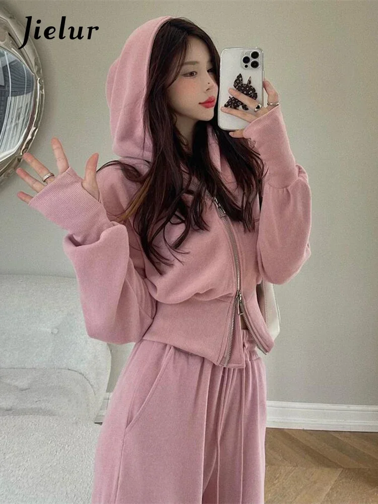 

Jielur Pink Hooded Sweatshirts Tracksuit Women Coat Double Zip Up Crop Top Drawstring Waist Sweatpant Harem Pants 2 Piece Sets