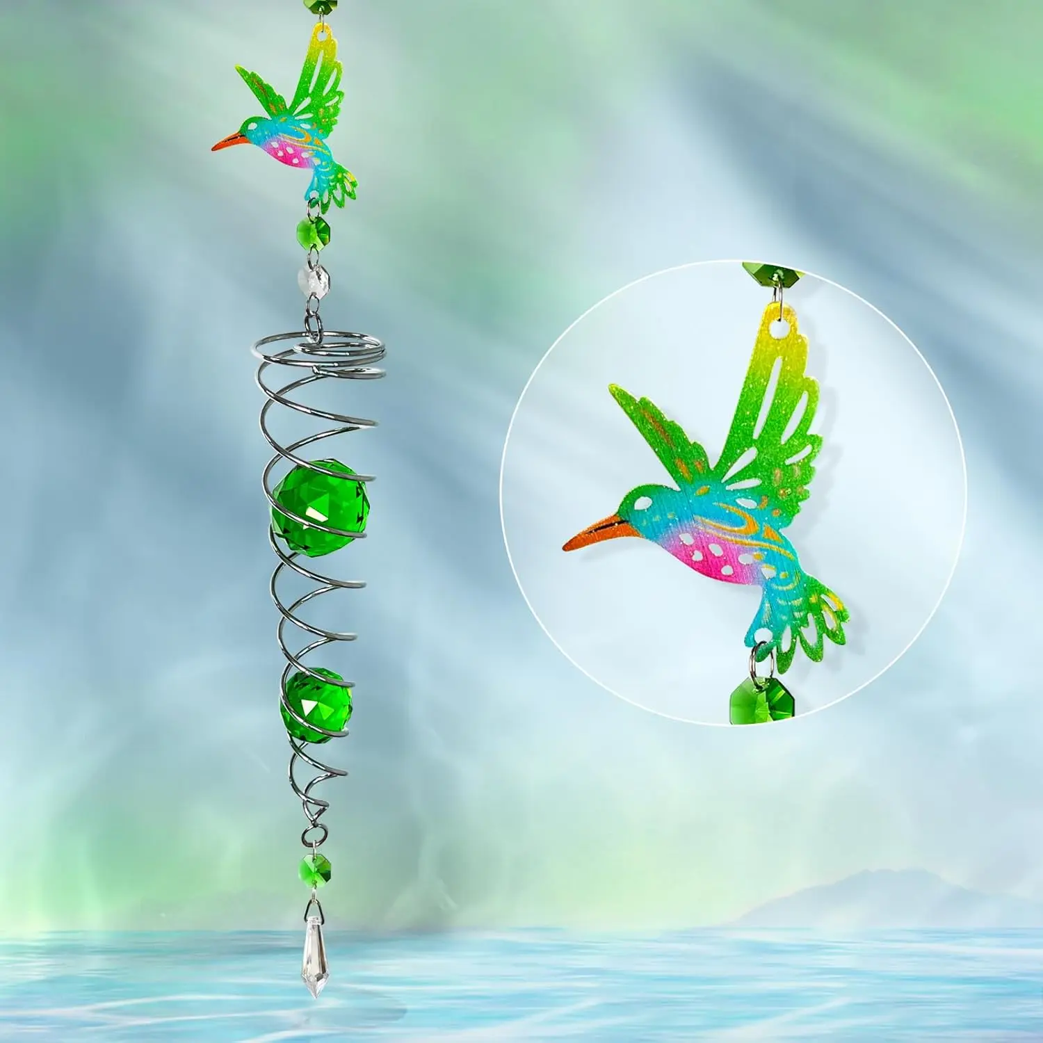 

THEYUFA Hummingbird Gazing Ball Spiral Tail Wind Spinner Sun Catcher Rainbow W/K9 Crystal Tree Hanging Garden Decor 19.5in