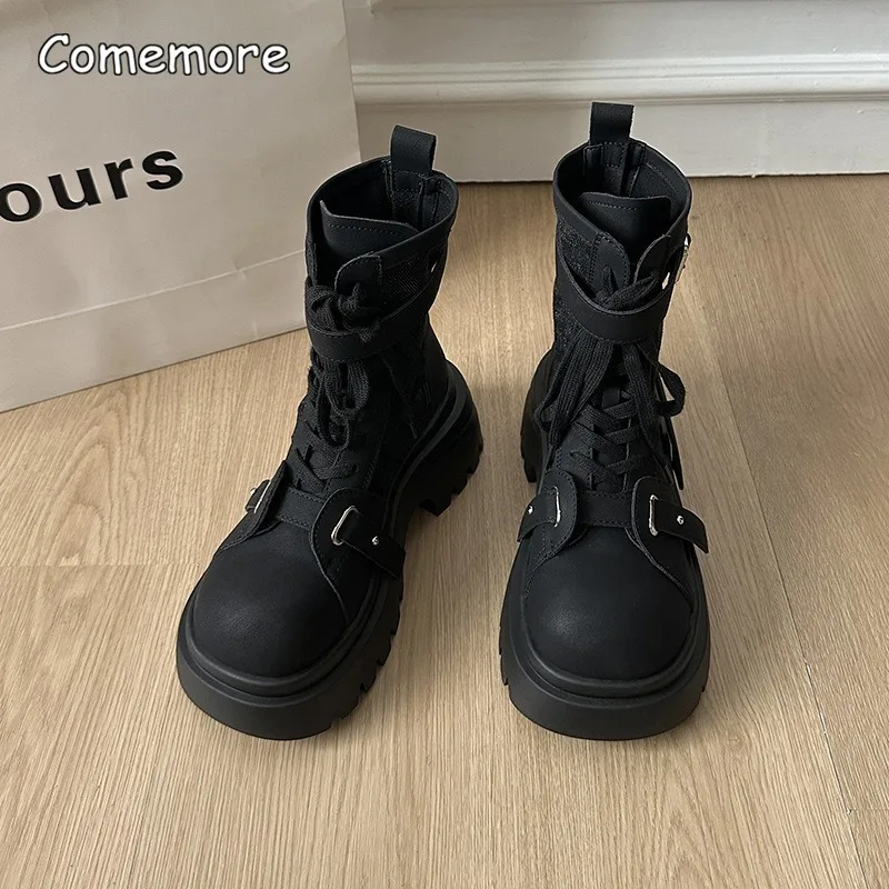 Matte Patent Leather Lace Up Fashion Boots Women Shoes New Retro Motorcycle Short Boots Thick Bottom Work Boots