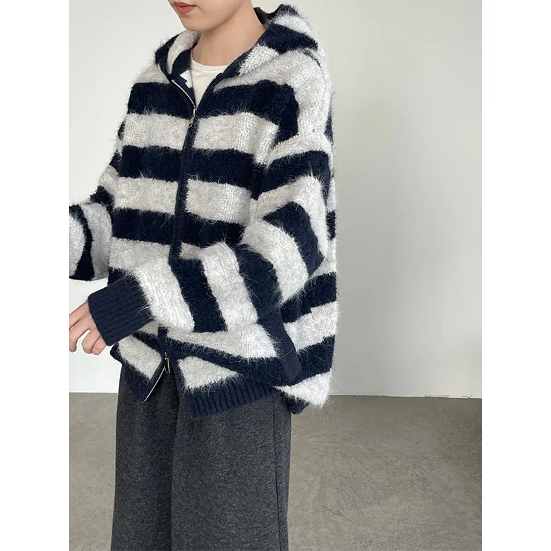 

Taochuan Lazy Color Blo Striped Hooded Open Cardigan Women's Woolen Loose Soft Sweater Jaet Korean Sle Knitted Thiened