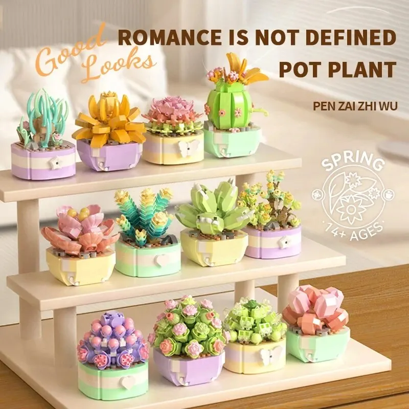 Succulent Potted Plant Building Blocks Romantic Flower Bonsai Assembly Model Bricks Desktop Decoration Kids Toys Holiday Gifts