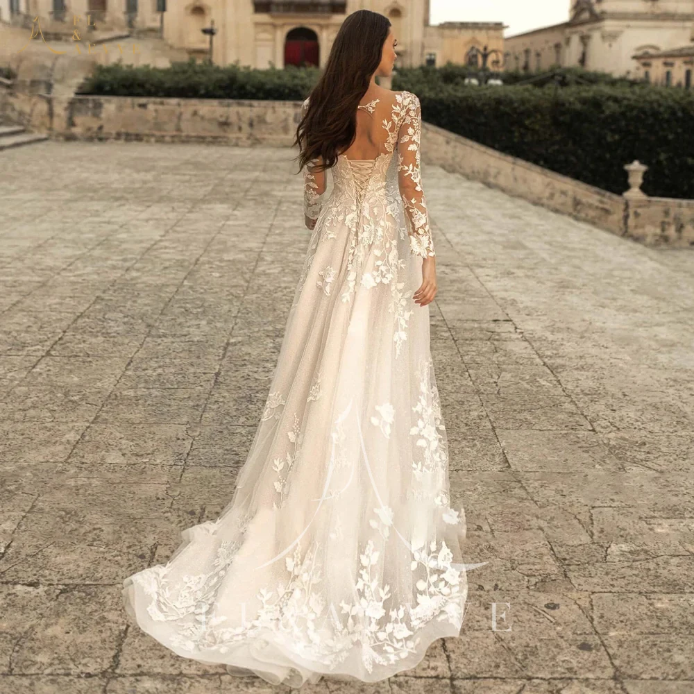 Robe de mariée bohème à manches longues A-Line, robes de mariée de plage personnalisées, quelle que soit la robe à lacets