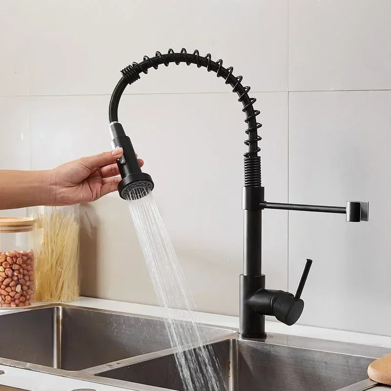 Black Kitchen Faucet Rotate 360Swivel Spring Pull-down Deck Mounted Mixer Hot Cold Water Sprayer Nozzle Single Hole Tap Bathroom