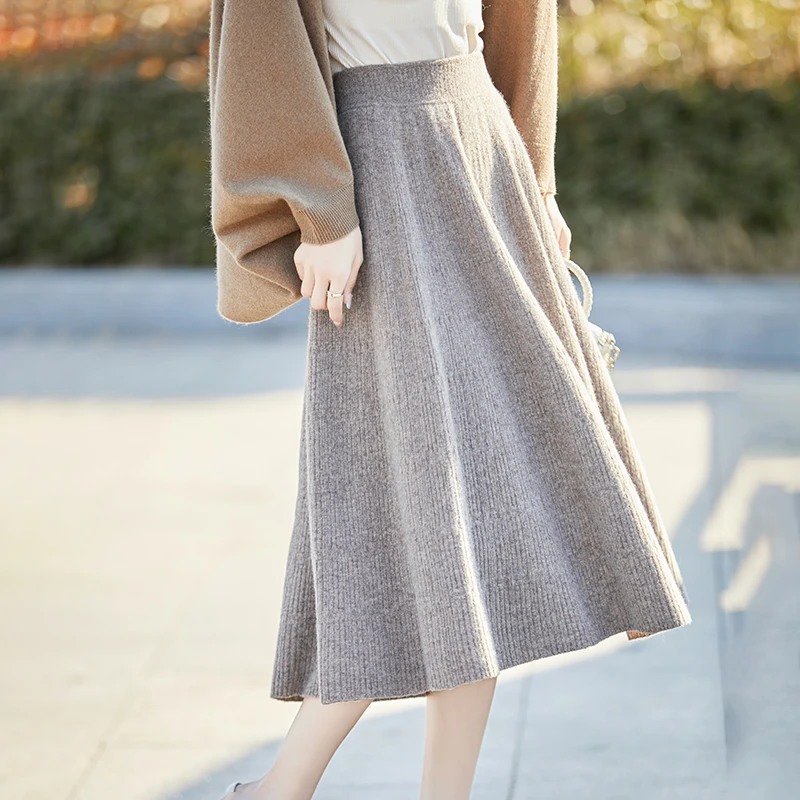 100% メリノウールファッションウールスカートパラソルスカート快適でソフトな痩身無地スカート
