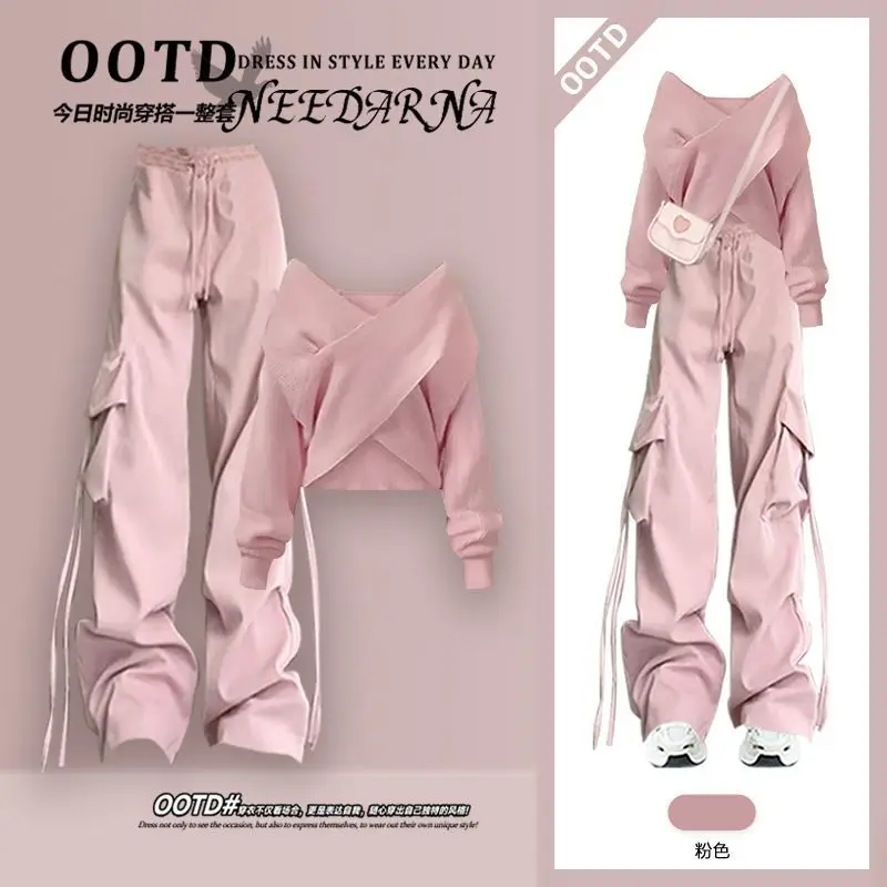 

Spring Autumn Dopamine Design Outfit Pink Set Cross Knitted Sweaters with Fashionable Work Pants Two-piece Set