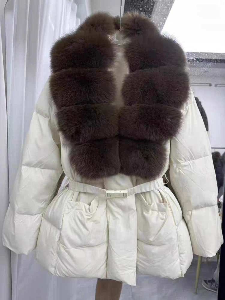 Piumino con collo in pelliccia di volpe grande 2025 Inverno Nuovo piumino d'anatra da donna addensato caldo vita di media lunghezza Parka Outwear