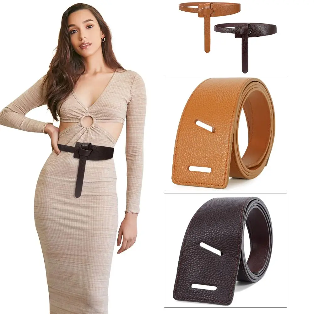 High Quality Pu Leather Designer Belts Wide Long Dress Belt Knot Soft Coat Belt Women