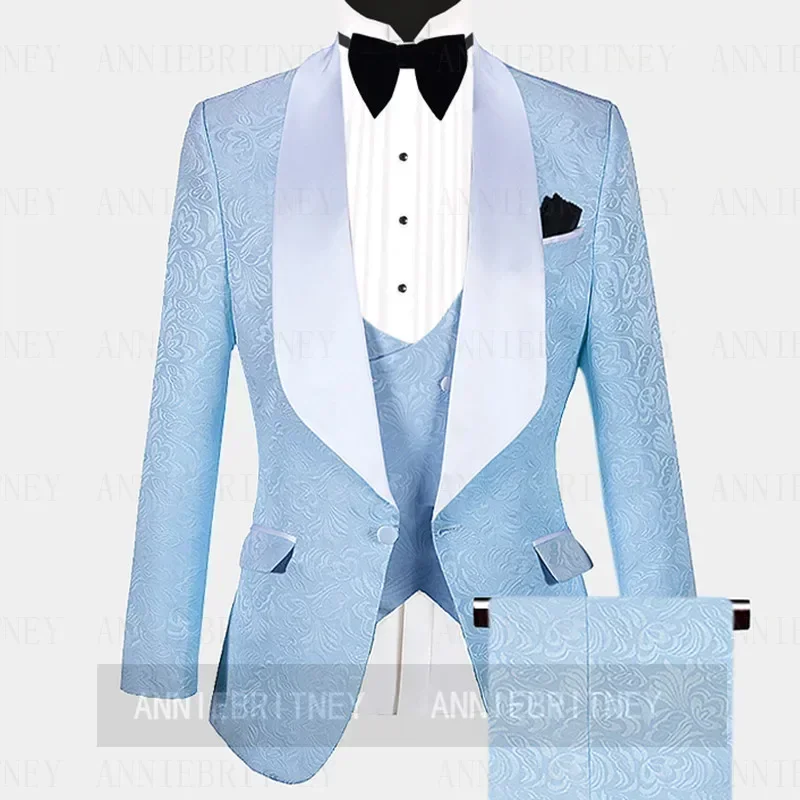 Hochwertige benutzer definierte Jacquard Männer Anzug Himmelblau Jacke Weste Hosen 3 Stück Smoking Slim Fit Party Abschluss ball Hochzeit Bräutigam Blazer Sets