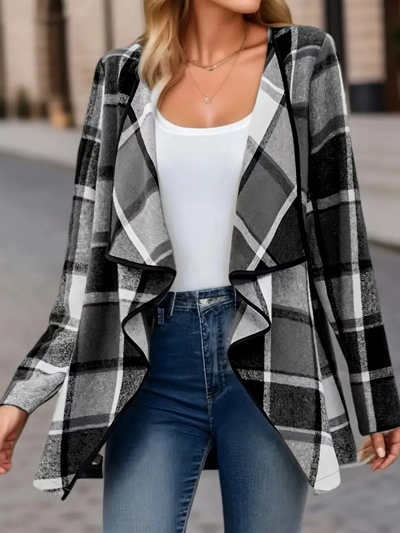 여성용 한국식 시크 드레이프 패치워크 체크무늬 가디건 긴 소매 오픈 프론트 캐주얼 가을 겨울 패션 탑