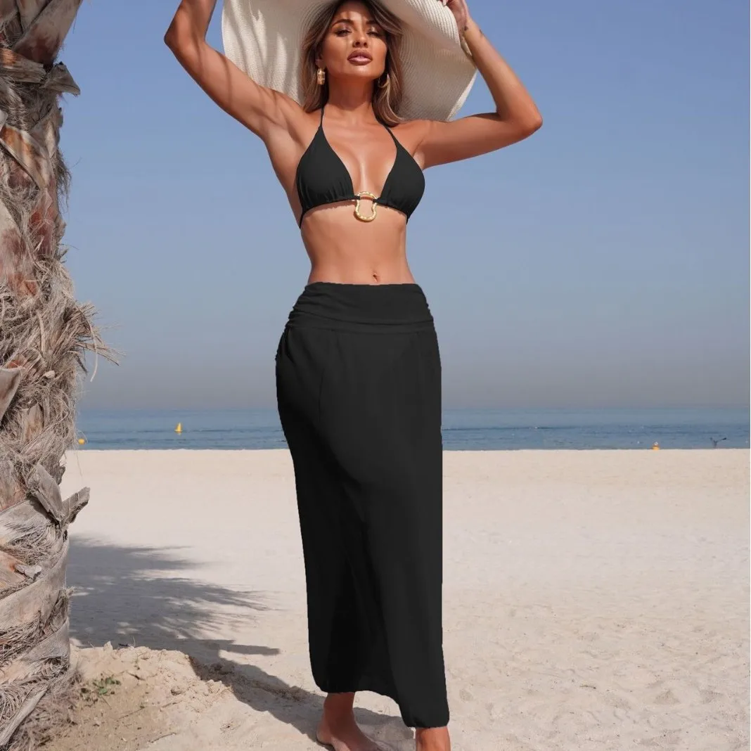 

New Solid Color Mesh Maxi Skirt Swimsuit Women's Bikini Three-piece Swimsuit